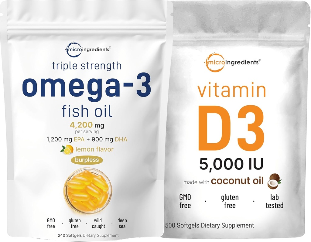 Micro Ingredientes Omega-3 Fish Oil 4,200mg & Bundle Pack & Vitamina D3 5,000 IU Bundle Pack ← Wild-Caught Fish, Lemon Flavored, Burpless ◾ Vitamina D como Cholecalciferol