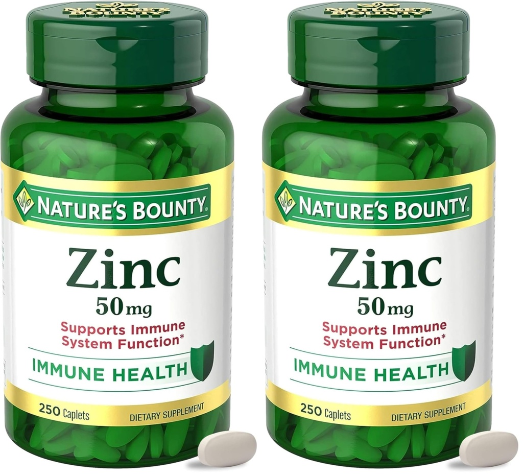 Bounty Zinc 50mg, Apoyo Inmune &amp; Suplemento Antioxidante,Promotes Skin Health,1 Caplet Por Day,Gluten Free,250 Caplets Vegetarian,(Pack of 2)