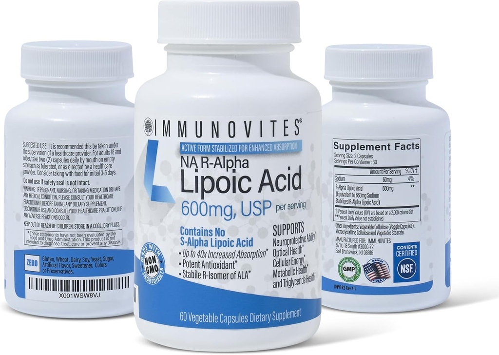 3-Pack Stabilized R-Alpha Lipoic Acid ((True)) 600mg per Serving [[High Potency ' up to 40x increased Absorption]] (Na R-ALA) (Na R-LA) (Na R-Lipoate) (3 Bottles)