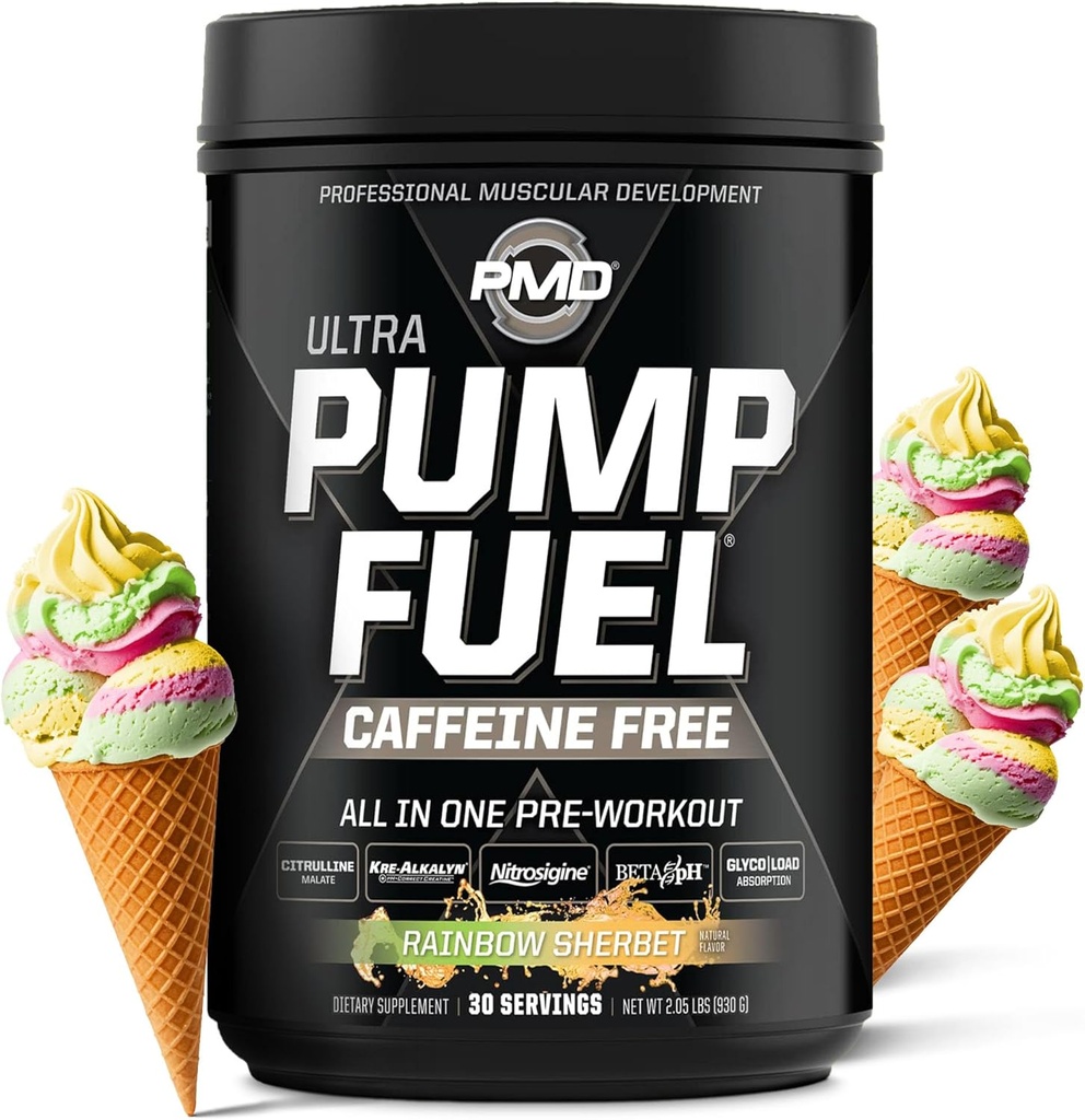 PMD Bomba Deportiva Fuel Ultra Caffeine Gratis - Premium Pre Workout Powder & Muscle Pump, Greater Focus, Endurance & Recovery, Premium Creatine, Arginine & Beta Alanine - Rainbow Sherbet (30 Servings)