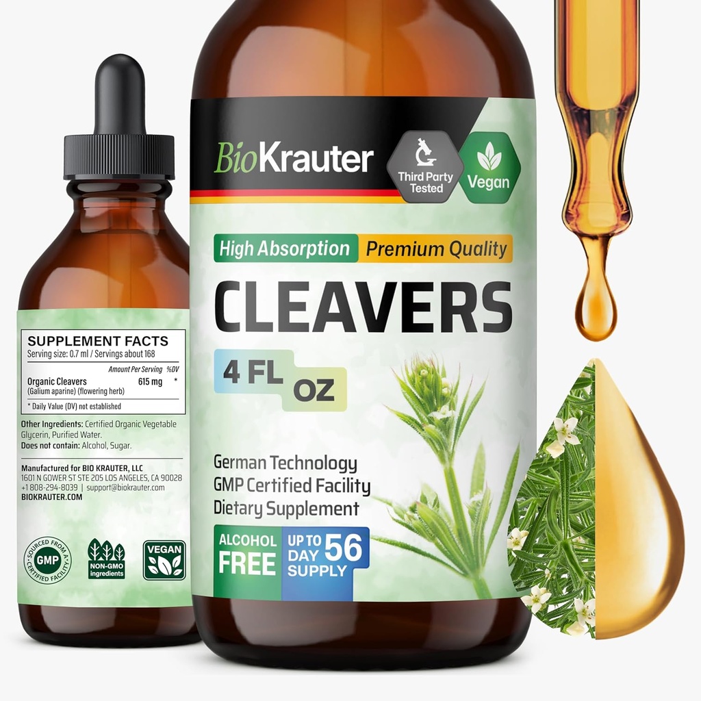 BIO KRAUTER Cleavers Tincture - Cleavers Herb Liquid Extract - Natural Detox - Alcohol y azúcar gratis - Vegan Extract 4 Fl.Oz.