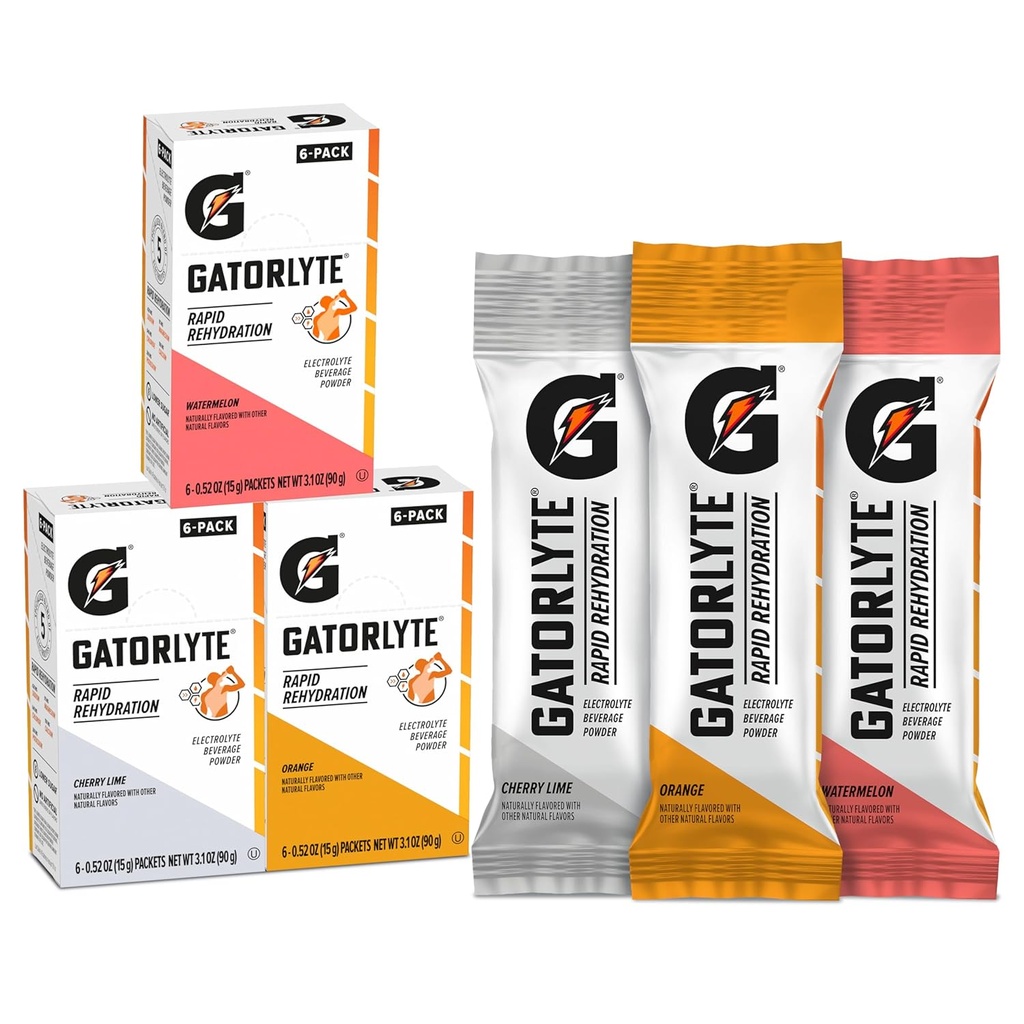 Gatorlyte Rapid Rehydration Electrolyte Beverage, Variety Pack, Lower Sugar, Specialized Blend of 5 Electrolytes, No Artificial Sweeteners or Flavors, 18 pack, 1 pack mezcla con 16.9oz (500ml) agua