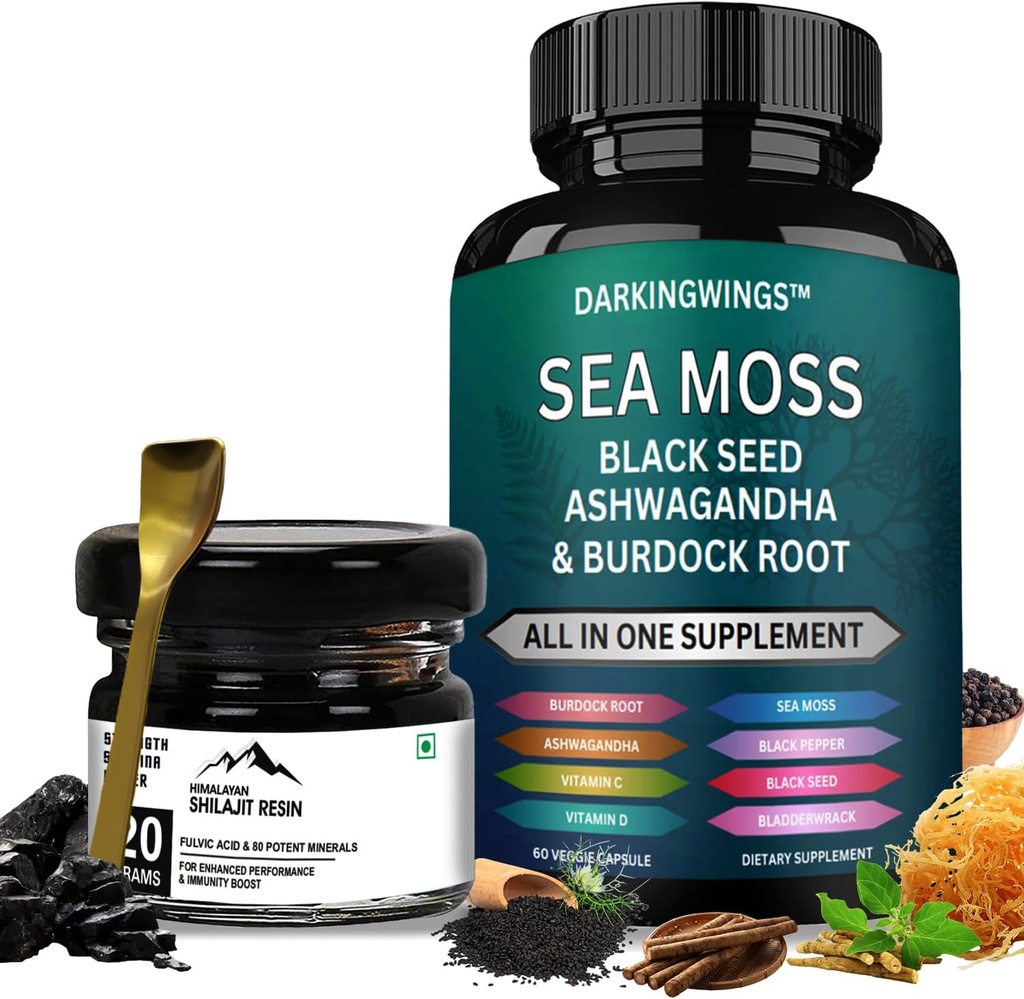 Sea Moss y Shilajit Bundle con puro Shilajeet Resin " Moss Capsules - Mar irlandés Mos con aceite de semilla negra, Ashwagandha, Burdock, Black Pepper " Gold Grade Shilajit for General Wellness