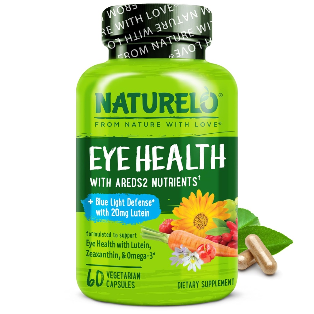 Vitaminas Oculares NATURELO - AREDS 2 Nutrientes de Fórmula con Lutein, Zeaxanthin, Vitamina C, E, Zinc, Plus DHA - Suplemento para Ojos Secos, Visión Saludable, Atención Ocular - 60 cápsulas Veganas