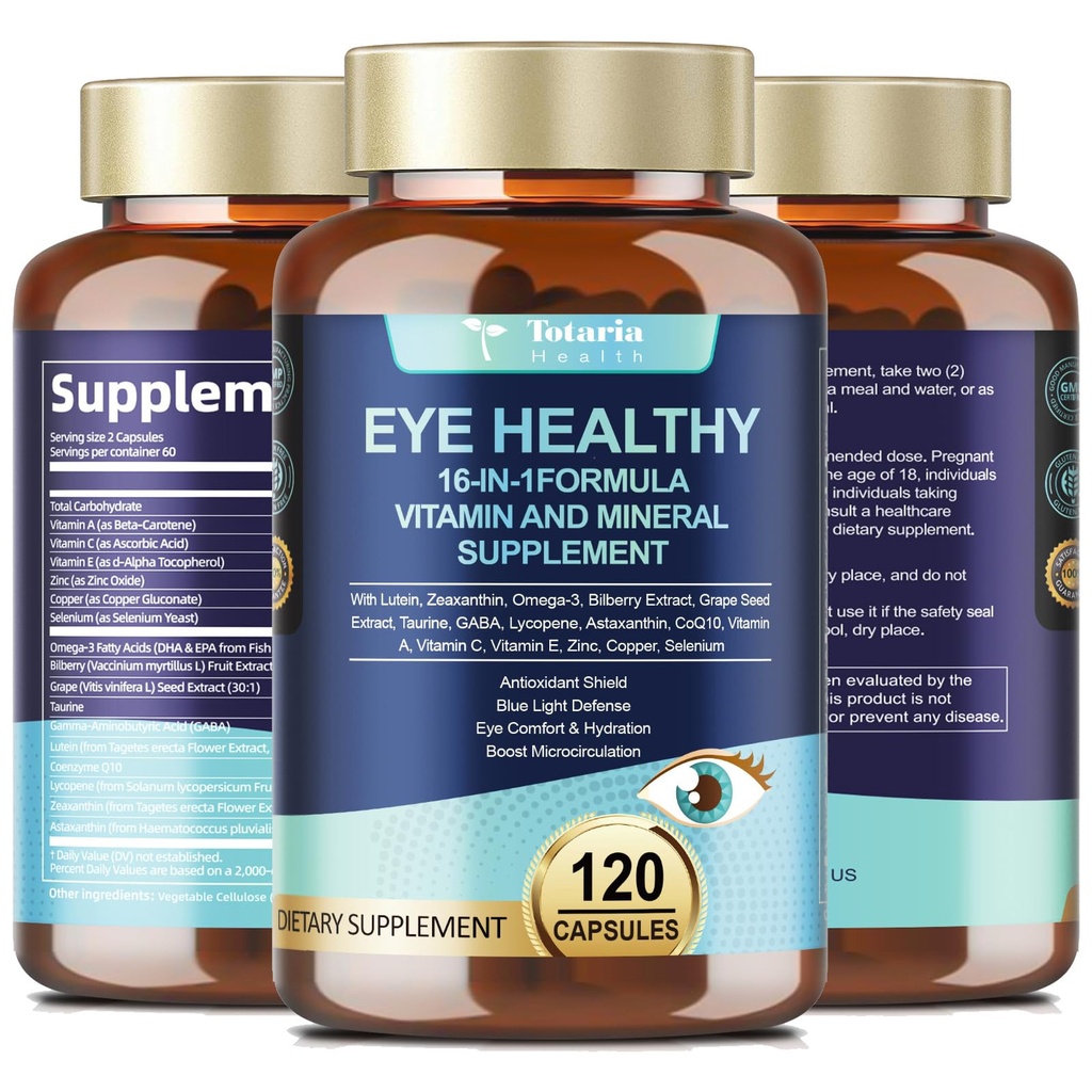 AREDS 2 Vitaminas Oculares y Extracto de Bilberry Mineral Omega-3, Vitamina Ojo para Seniors Salud Macular y Ojo seco, Vitaminas Ojo Luteína y Zeaxantina Apoyo Estreno Ojo &amp; Hidratación (120 cápsulas)