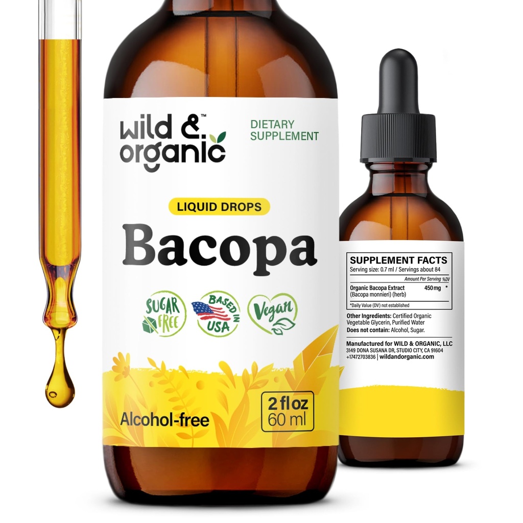 Tintura de Bacopa Orgánica - Soportes Calma, Focus, Clarity - Suplemento Bacopa Monnieri Líquido - Gotas libres de alcohol con Brahmi Extracto - Vegan, Libre de azúcar - 2 meses de suministro - 2 oz