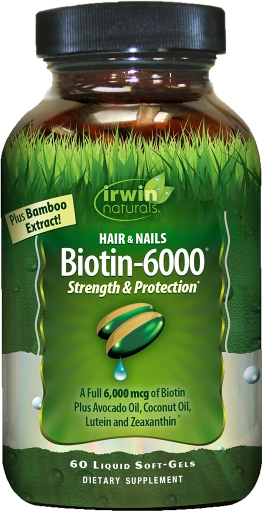 Irwin Naturals Biotin-6000 Soportes Skin saludable, Pelo & uñas - 60 Liquid Softgels - Fuerza + Protección con alta potencia 6000 mcg, bambú, aguacate, coco & Más - Absorción máxima