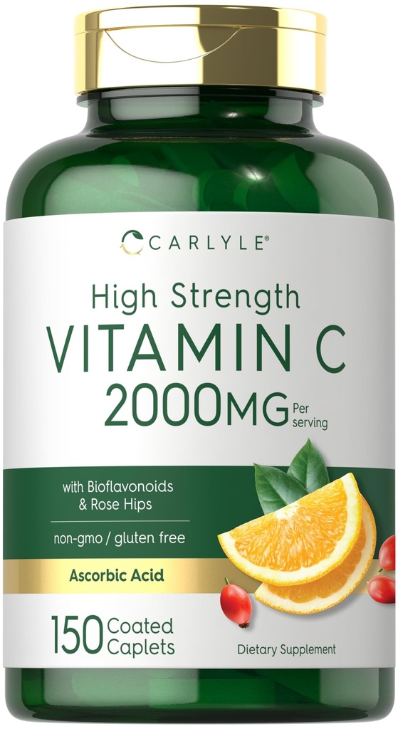 Carlyle Vitamin C 2000mg Silencio con Rose Hips ← 150 Caplets Silencio Vegetariano, No GMO, Gluten Suplemento Gratis