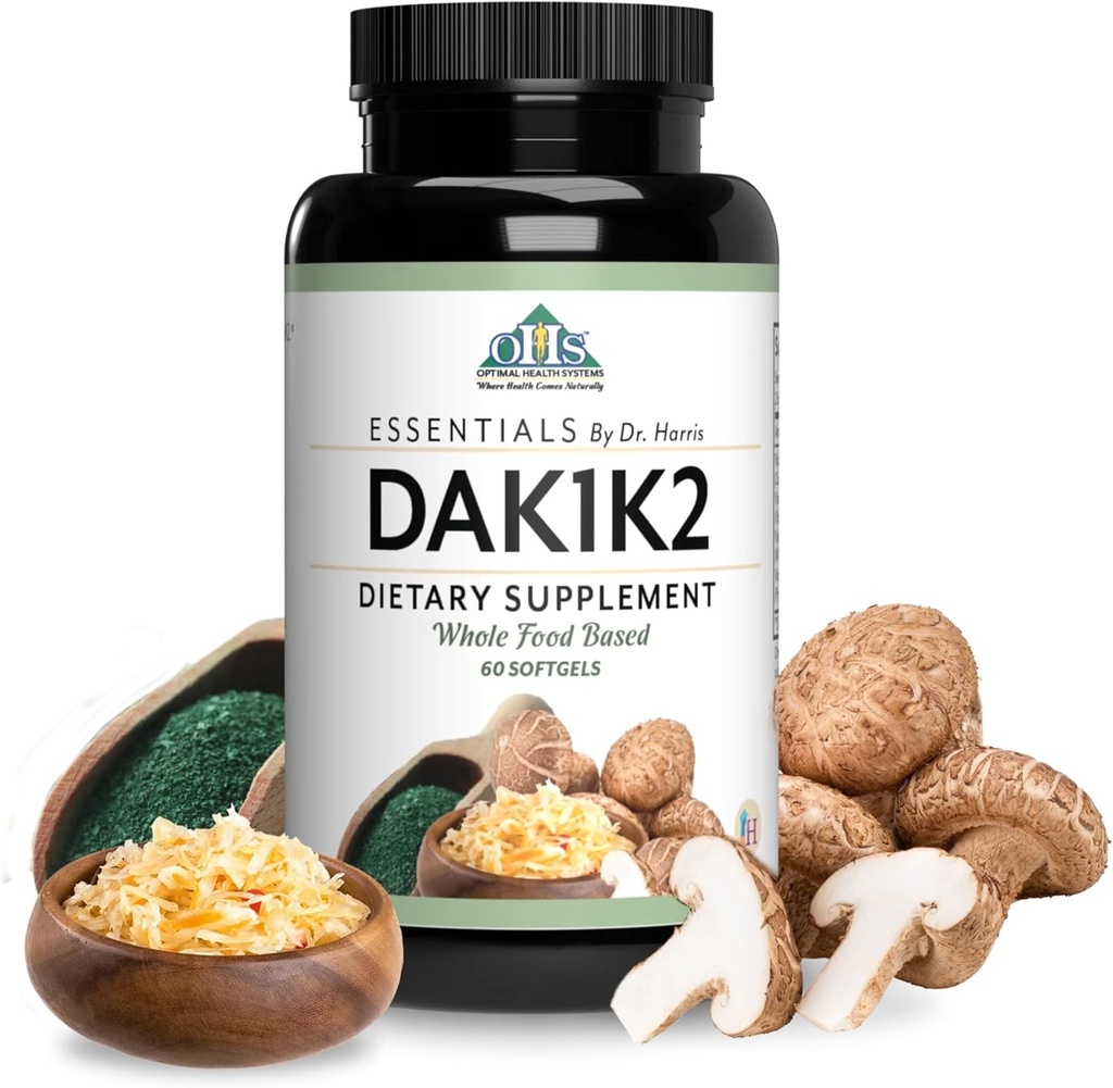 Sistemas de salud óptimos esenciales DAK1K2 ← Vitamin D3 + A + K1 + K2 Immune Support, Bone Health, & Heart Health TEN Vitamin D w/MK-7 TEN 5000 IU ANTE (No-GMO, Whole Food, Gluten-Free) 60gels Softs