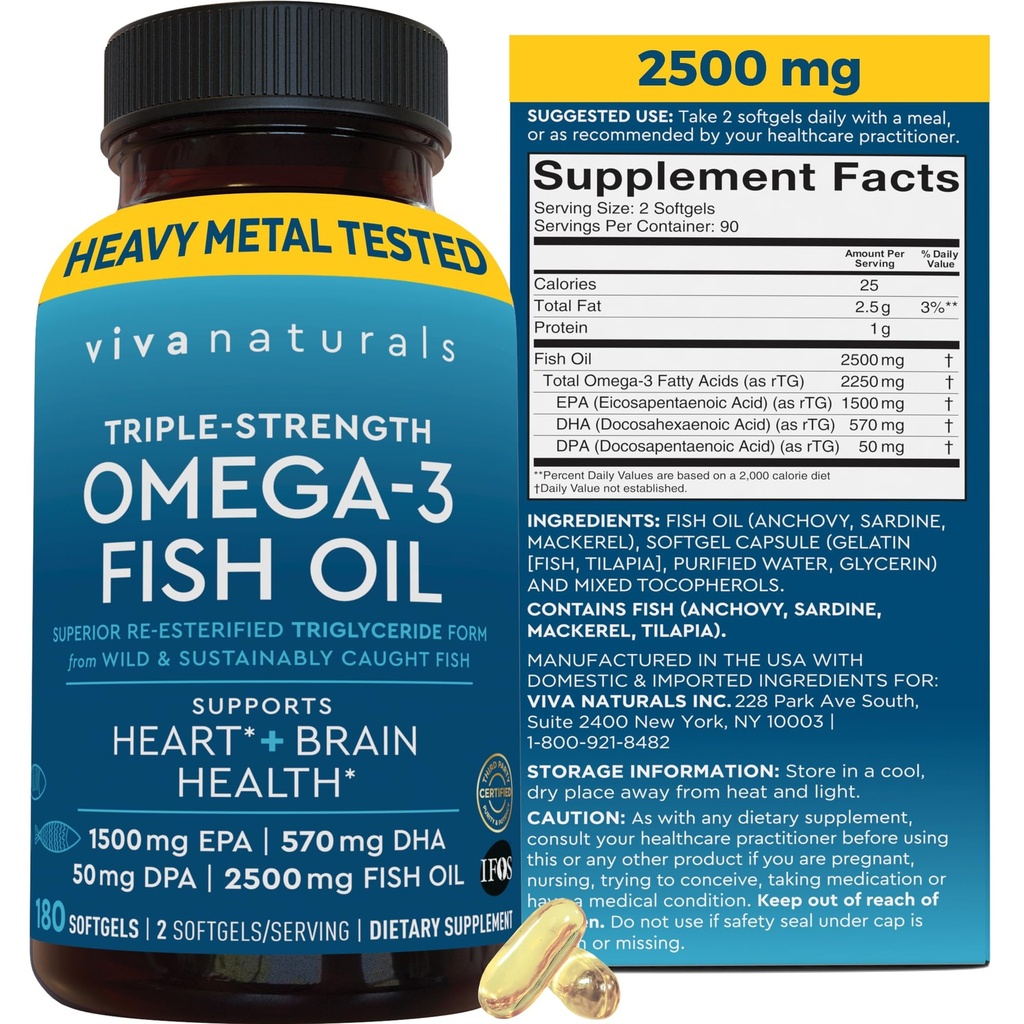Triple fuerza Omega 3 suplemento de aceite de pescado para hombres y mujeres – 2500 mg de alta potencia, fácil de absorber forma triglicérida reesterificada, Pescatariano-Friendly DPA DHA Omega 3 Suplemento, 180 Softgels