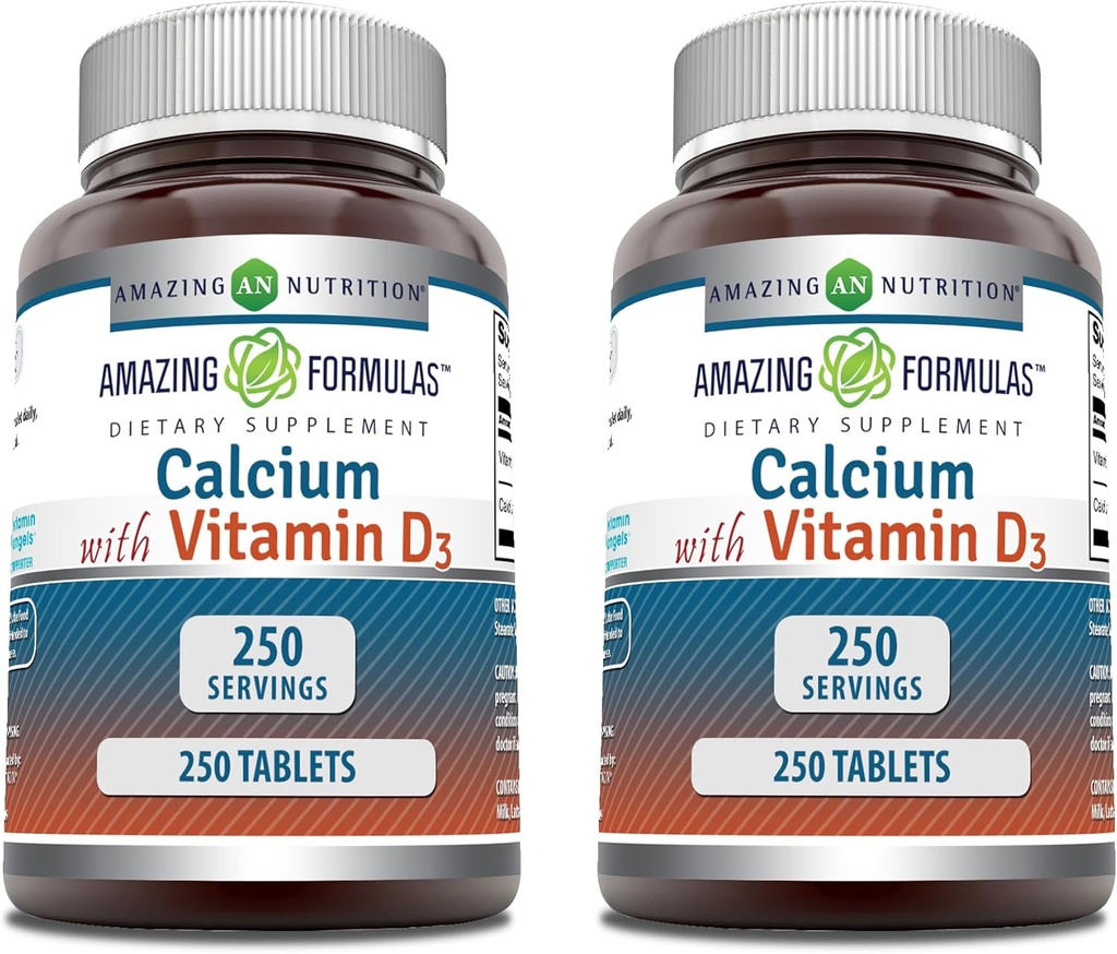 Fórmulas increíbles Calcio con Vitamina D3 Suplemento TENIDO Tablets TENIDOS NO-GMO TENIDO Gluten-Free TEN Made in USA (2 Pack, 250 Cuenta)