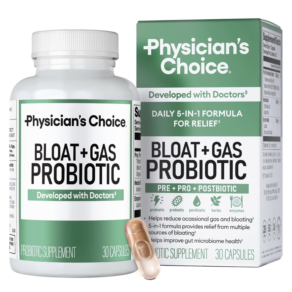 Apoyo Proactivo 5-en-1 de Physician's CHOICE Bloat &amp; Gas Probiotic 5-in-1 + Alivio Proactivo - Digestión " Gut Health- Herbals, Enzymes Digestivos, Post " Prebióticos - Gas Relief for Adults - Mujeres " Hombre - 30ct