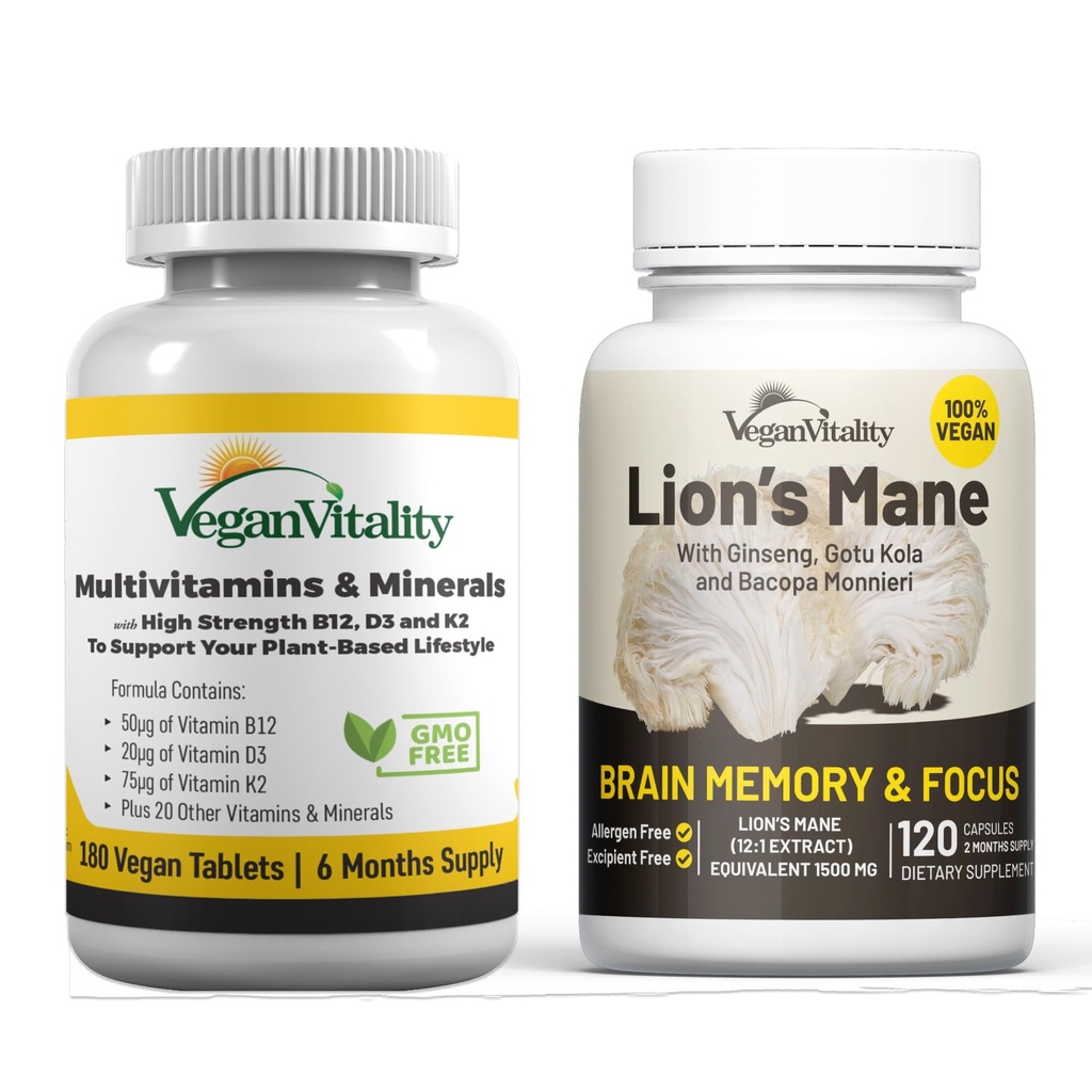 Vegan Vitality Brain Nutrition Bundle - Lions Mane Nootropic Capsules y Vegan Multivitamins. Suplementos de base vegetal de alta resistencia para la memoria y el foco y salud general para los veganos y los vegetarianos