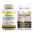 Vegan Vitality Brain Nutrition Bundle - Lions Mane Nootropic Capsules y Vegan Multivitamins. Suplementos de base vegetal de alta resistencia para la memoria y el foco y salud general para los veganos y los vegetarianos