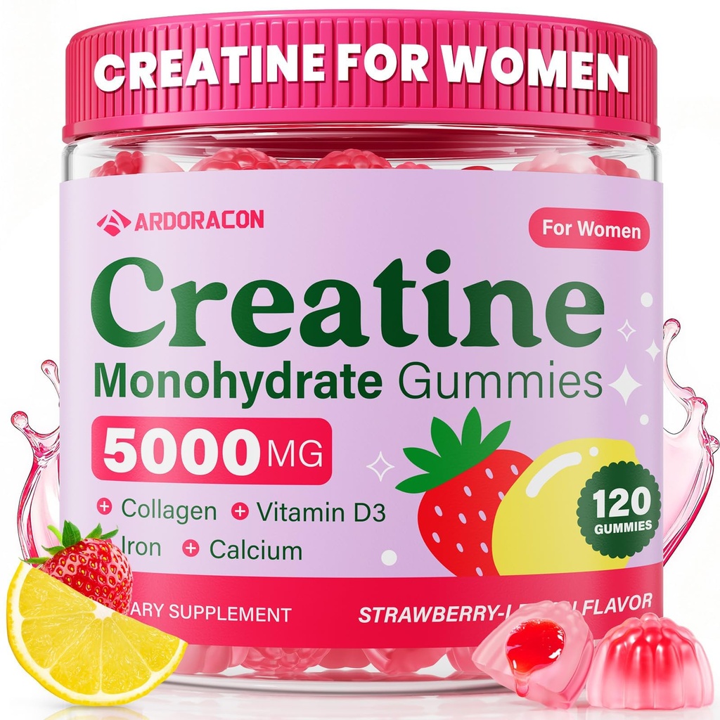 Creatina para Mujeres, Gummies de Monohidrato de Creatina con Collagen, Vitamina D3 &amp; Calcio para Muscles, Booty & Energy, Gummies de Sugar Gratuito de Creatina Post & Suplementos de Pre Workout para Mujeres, 120 Ct