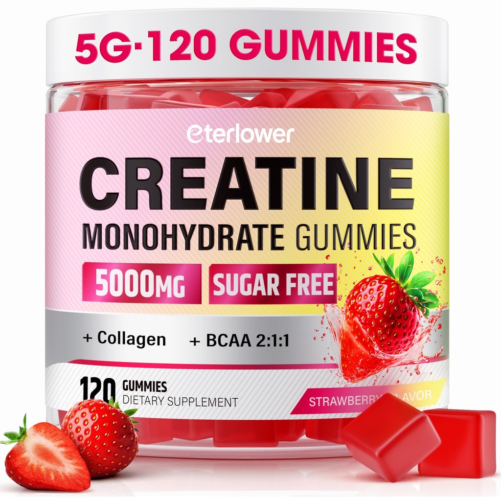 Creatine Monohydrate Gummies, 5g Creatine Gummies for Women &amp; Men.Pre-Workout &amp; Muscle Growth Support, Contiene BCAA, Collagen, Sugar-Free, 120 Condes