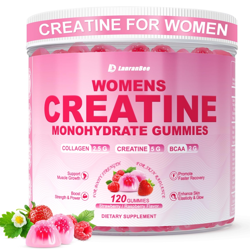 Creatina para Mujeres, Gummies de Monohidrato de Creatina con Collagen, BCAA, L-Carnitina & Taurina, Sabor de Fresa, Suplemento de Creatina de Energía para la Fuerza del Musculo, Boost de Energía, Libre de Azúcar, 120 Conde