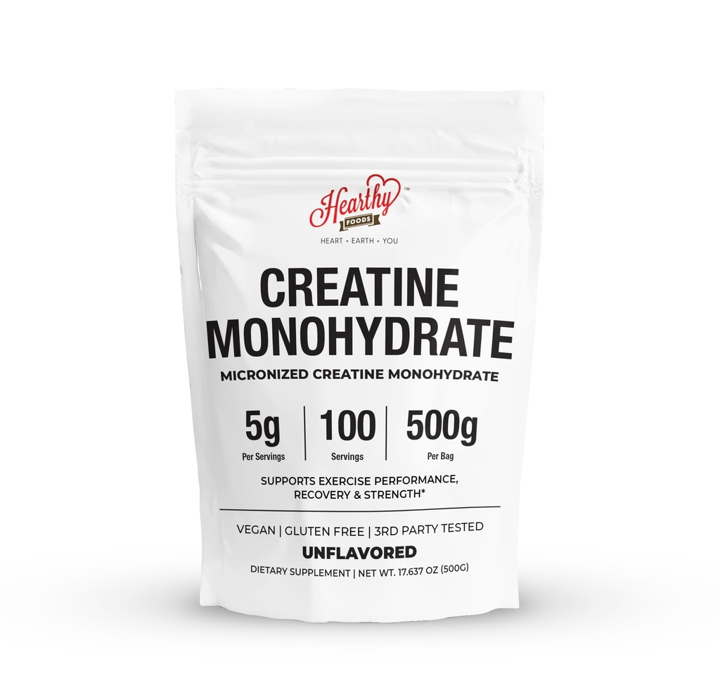 HEARTHY FOODS Creatine Monohydrate Micronized Powder 500G - 100 Servings, 5000mg Por Serving (5g) - for Men &amp; Women Muscle Growth & Recovery - UNFLAVORED