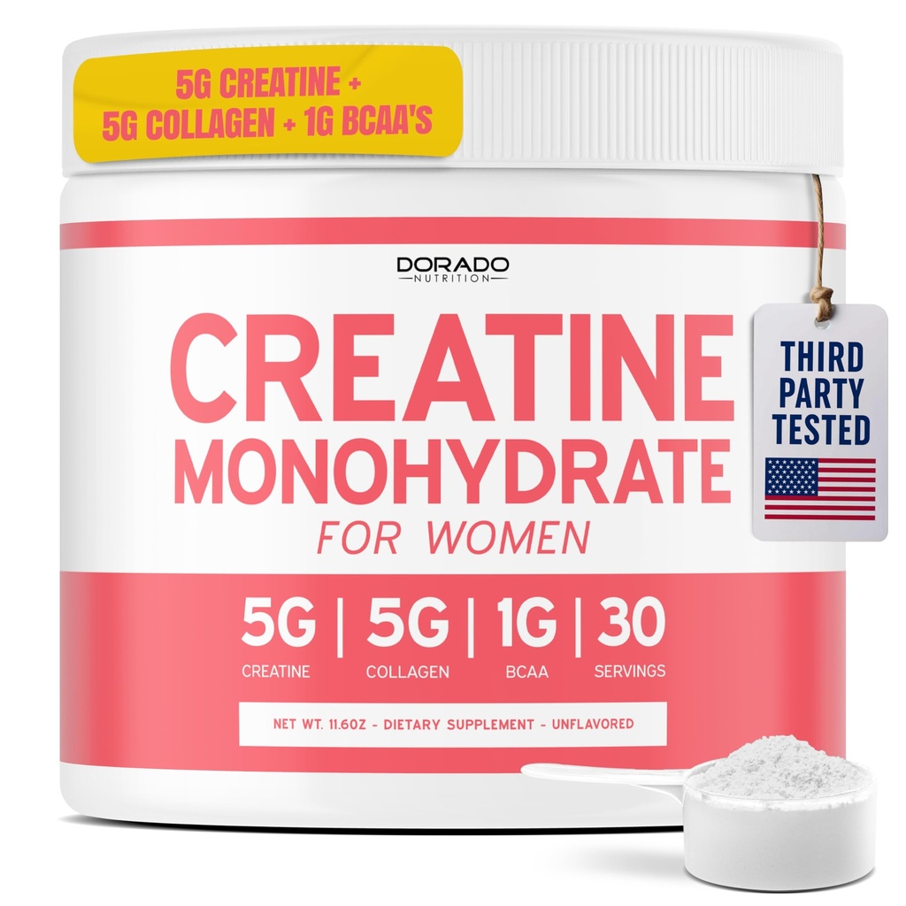 Creatina para Mujeres ← Cretina Monohydrate Powder 5G + 5000mg Collagen + 1000mg BCAA 2:1 Powder (30 Servir) Soporte Glutes, Lean Muscles, Recuperación, Energía & Stamina Non-GMO, Gluten Free - USA Made