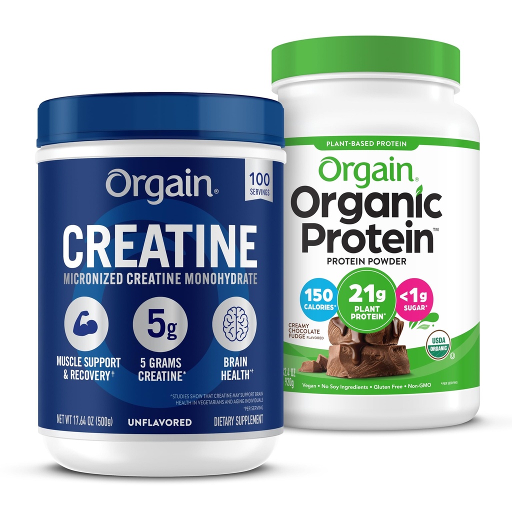 Orgain Creatine Monohydrate Powder (17.64 Oz, 100 Servings) & Organic Vegan Chocolate Fudge Protein Powder (2.03 lb) Bundle - Plant-Based Protein &amp; Muscle Support