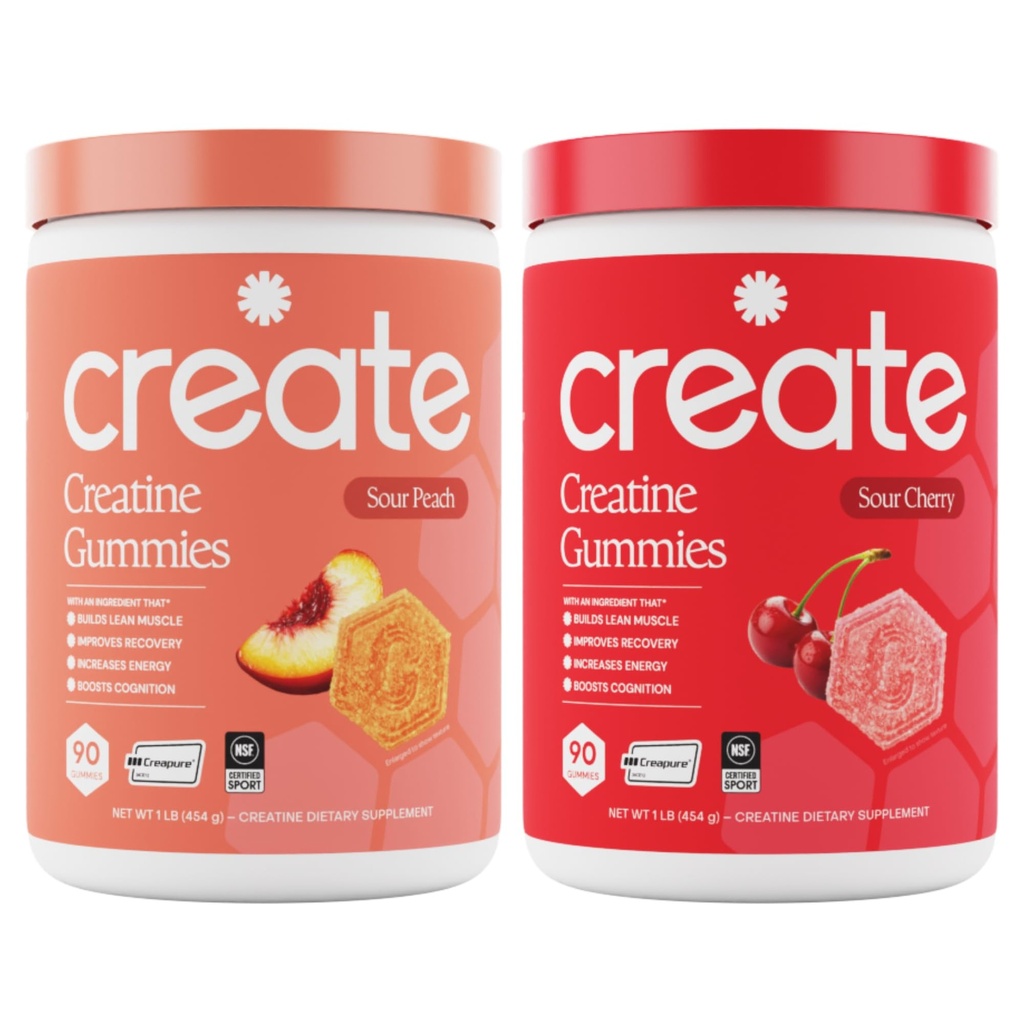 Create Creatine Monohydrate Gummies - Peach Pump Duo - Sour Peach & Sour Cherry - Creatine Gummies for Women &amp; Men, NSF Certified, 3rd Party Tested, Anti-Melting Formula, 180 Conde (2-Pack)