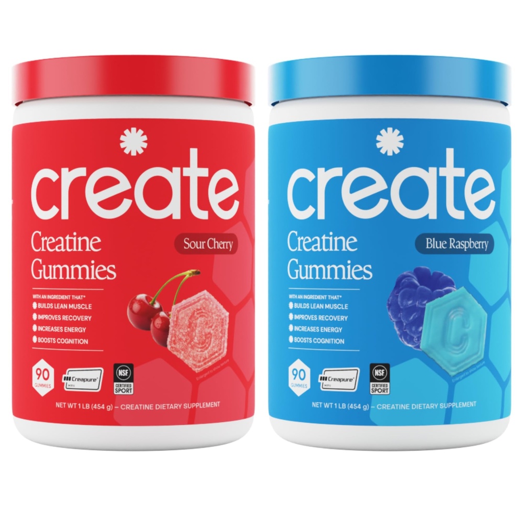 Create Creatine Monohydrate Gummies - Rocket Pop Duo - Blue Raspberry & Sour Cherry - Creatine Gummies for Women &amp; Men, NSF Certified, 3rd Party Tested, Anti-Melting Formula, 180 Conde (2-Pack)