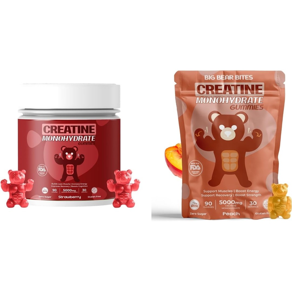 Creatine Monohydrate Gummies Bundle – Fresa " Peach " soporta 5000mg Por Serving ← Sugar-Free, Gluten-Free " Halal ← 180 Gummies Total (2 x 90 Conde)