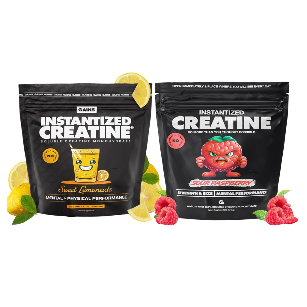 Gains in Bulk Instantized Monohydrate Creatine para Mujeres y Hombres, Soluble Pre Workout Powder, Supports Muscle Building, Strength and Performance, Sweet Lemonade and Sour Raspberry, 60 Servings