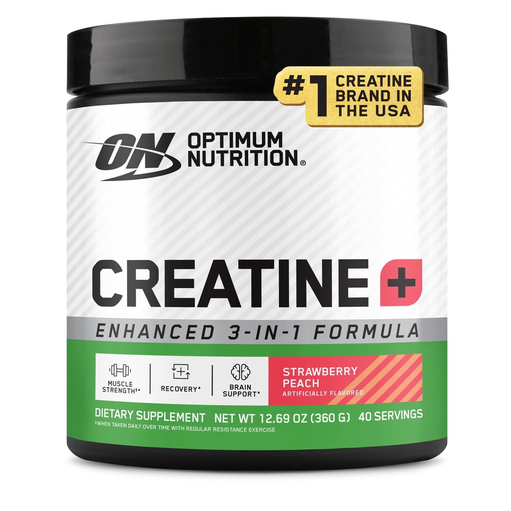 Optimum Nutrition Creatine Monohydrate Plus Powder, Strawberry Peach Flavored Creatine Performance Blend, con electrolitos para la hidratación, Vitaminas agregadas, 40 Servimientos, 360 Gramos (Packaging May Vary)