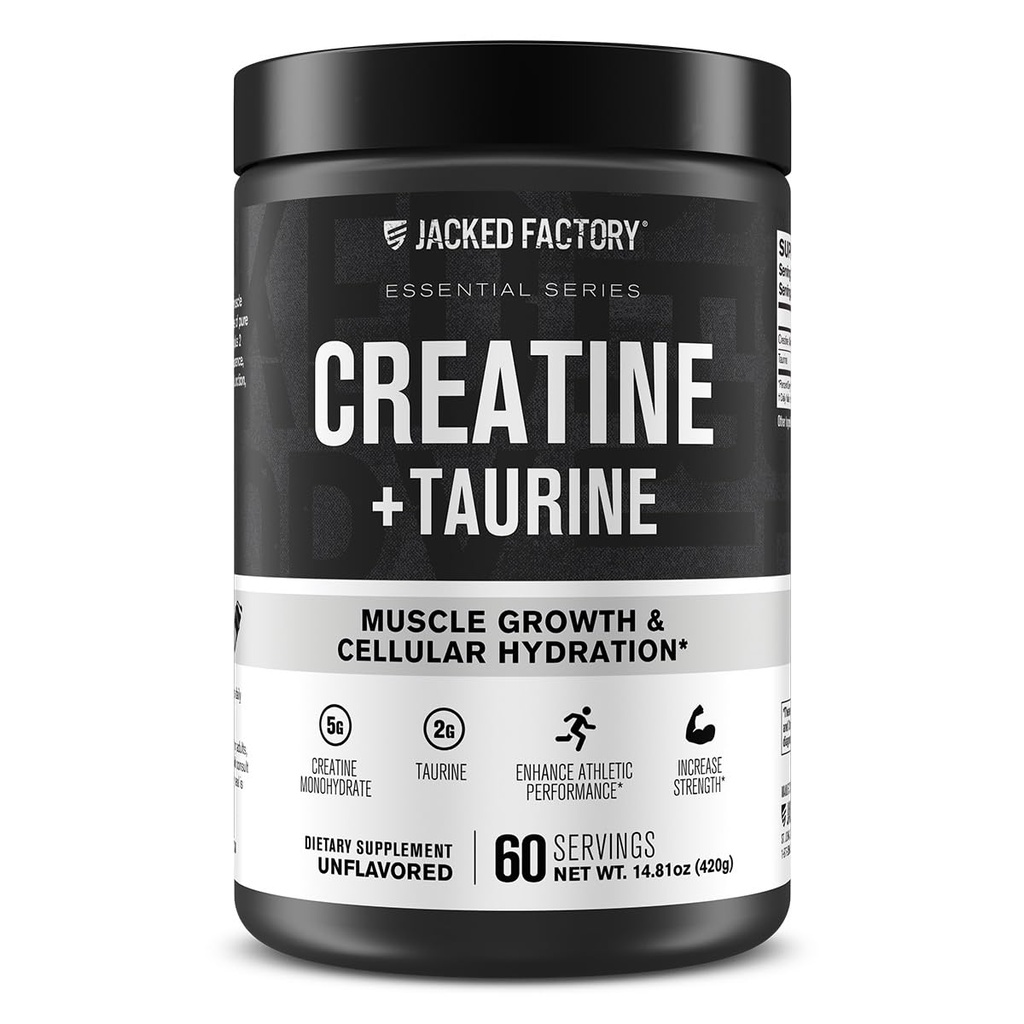 Cretina de fábrica de Jacked + Taurine - Monohidrato de crema 5000mg con Taurine 2000mg para aumentar la fuerza muscular y la hidratación celular - 60 servidumbres, desarmado
