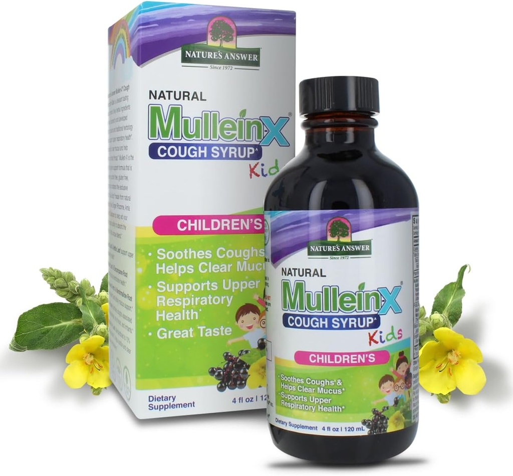 Respuesta de la naturaleza Mullein X Kids Cough Syrup 4 Ounce - Soothes Coughs, Clears Mucus, Respiratory & Lung Support, Non GMO, Gluten Free, Non Drowsy, Mucus Relief - Natural Honey Flavor