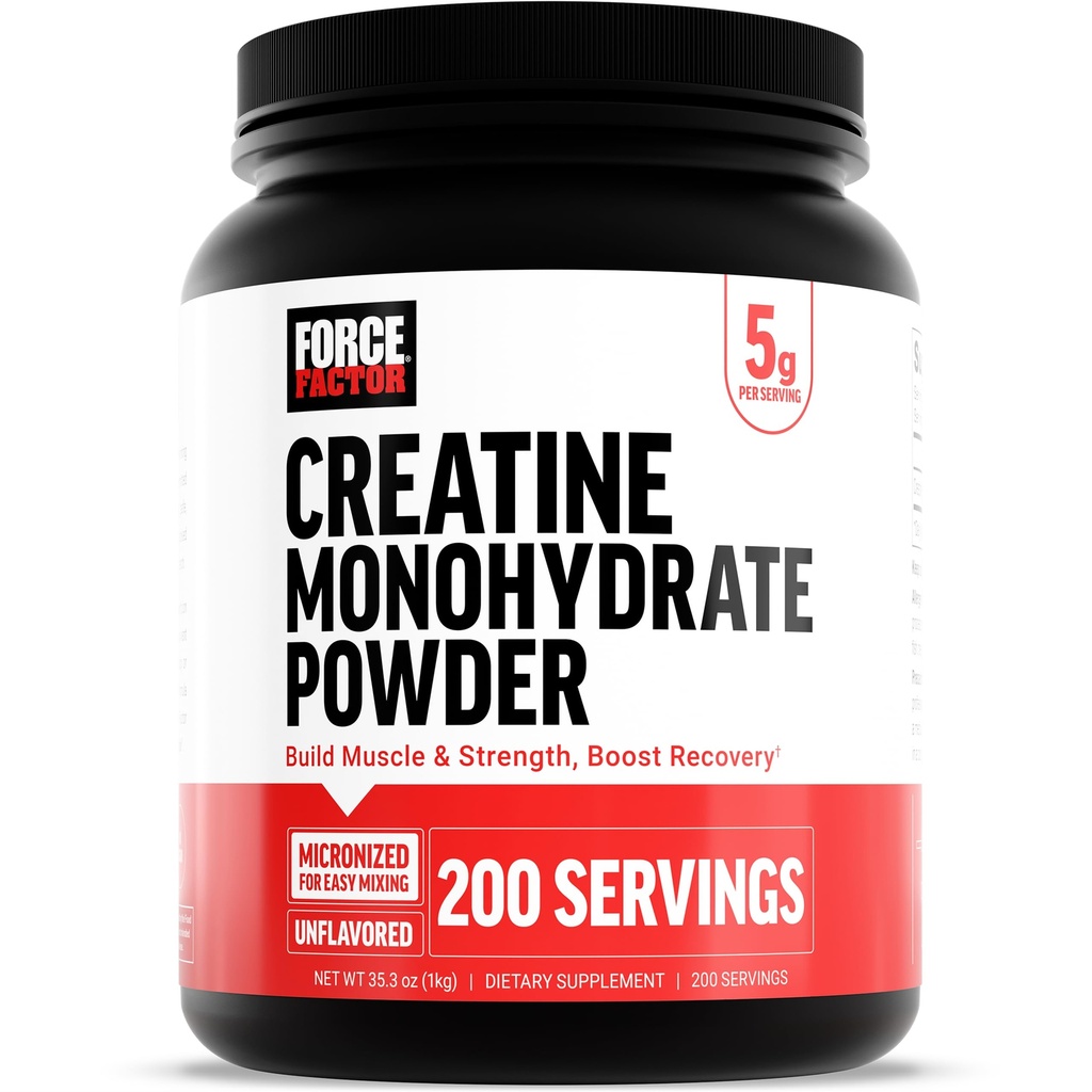 Factor de fuerza Cretina Monohydrate Polvo, 5g Dosis micronizada para apoyar el crecimiento muscular, fuerza, recuperación, salud cognitiva & memoria, desarmado, 200 servicios