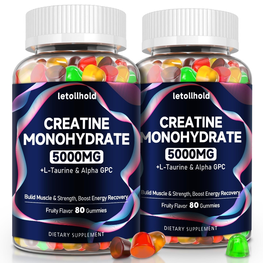 Creatine Monohydrate Gummies 5g for Women &amp; Men - Creatine Gummies for Women Pre Workout Chewables with L-Taurine & Alpha GPC, Sugar-Free Muscle Builder, Energy Boost, Vegan Non-GMO (160 Conde)