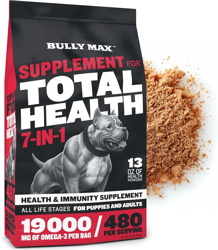 Bully Max 7-in-1 Pólvora multivitamínica de perros con Omega 3, 6, Glucosamina " Condroitina para el sistema inmunológico, salud digestiva " conjunta - topper de alimentos, vitaminas " suplementos para perros cachorros " adultos, Bolsa de 13Oz