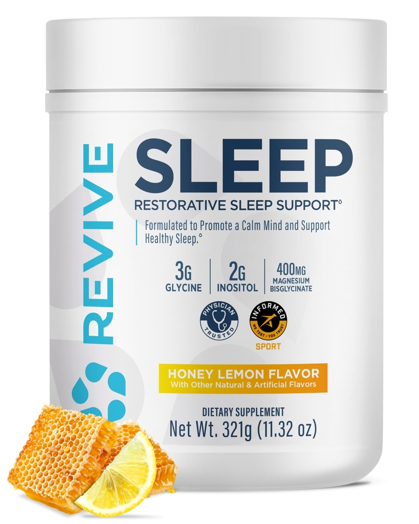 Revive MD Sleep Support Suplemento para adultos, Honey Lemon - Suplementos para dormir con Magnesium (Glycinate), Inositol, Glycine & L-Theanine - Promueve la relajación y la salud del sueño