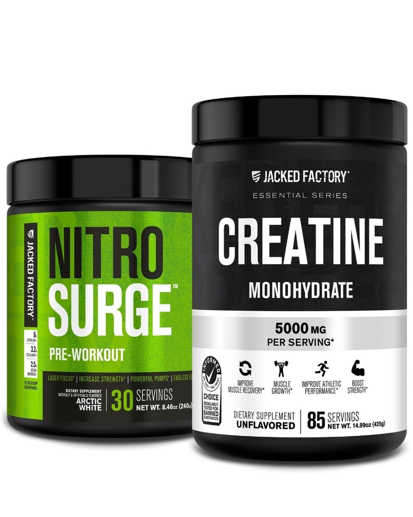 Nitrosurgente de la fábrica de Jacked Pre-Workout & Creatine Monohydrate - Pre Workout Powder with Creatine for Muscle Growth, Strengthening Strength, Endless Energy - Arctic White Preworkout & Unflavored Creatine