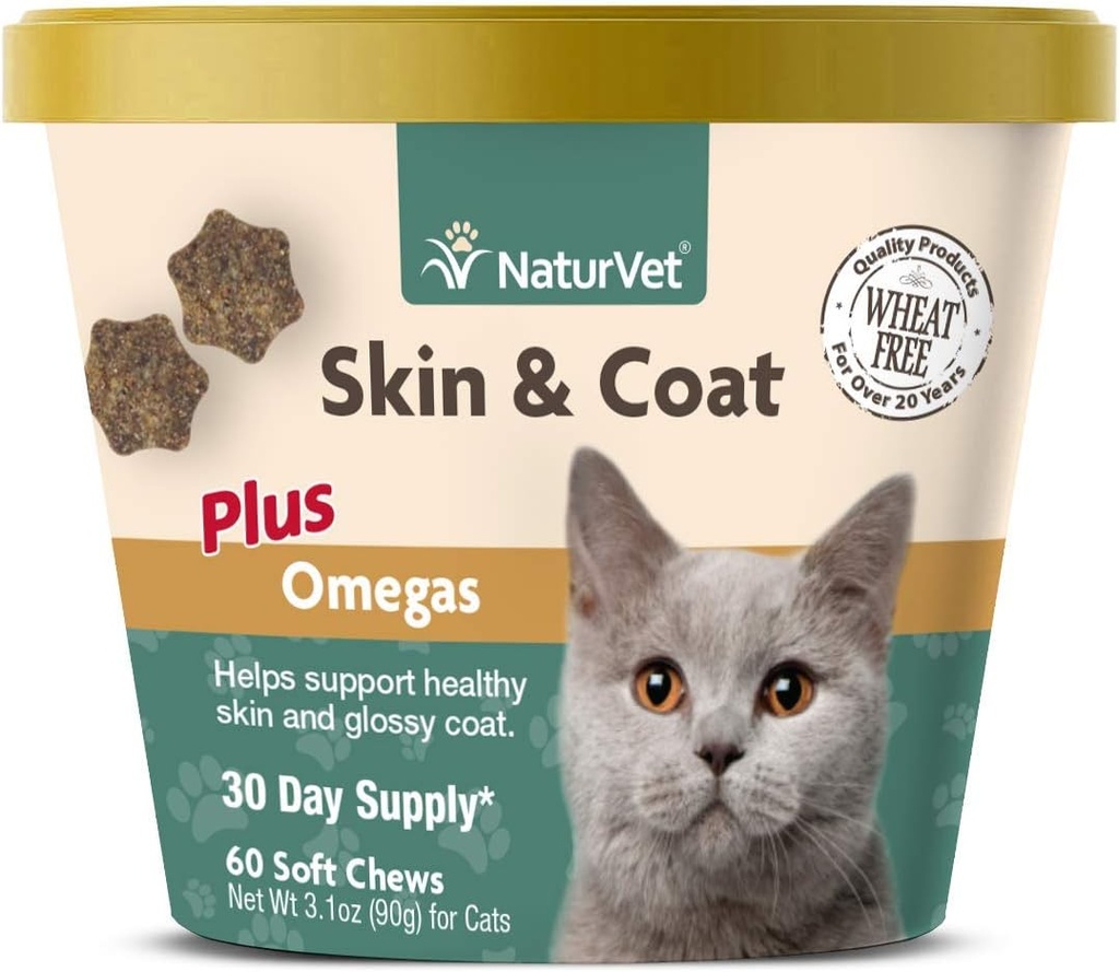 NaturVet – Skin & Coat Plus Omegas for Cats – 60 Soft Chews tención Asistencias Saludable Skin > Glossy Coat Silencio Reforzada con Omega-3, Omega-6 & Biotin 30 Day Supply