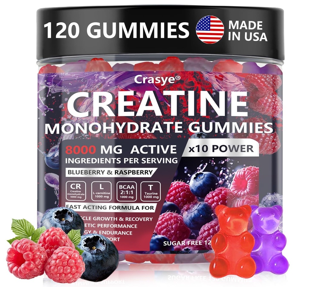 Creatine Monohydrate Gummies Complejo 8000 MG para Hombre Mujeres, Creatine Gummy con Taurine BCAA para el apoyo energético y la fuerza muscular, Sugar suplemento de preparación gratuita