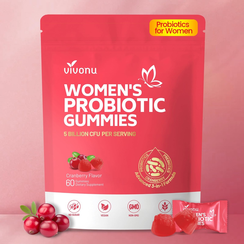 Probióticos Viginal VivoNu para Mujeres, Gummies Probióticas Feminine Balance, Gummy Prebiótico, Probióticos de Arándano para Mujer Vaginigal Health, Yeast Ph Balance Tortura 60 Gummies