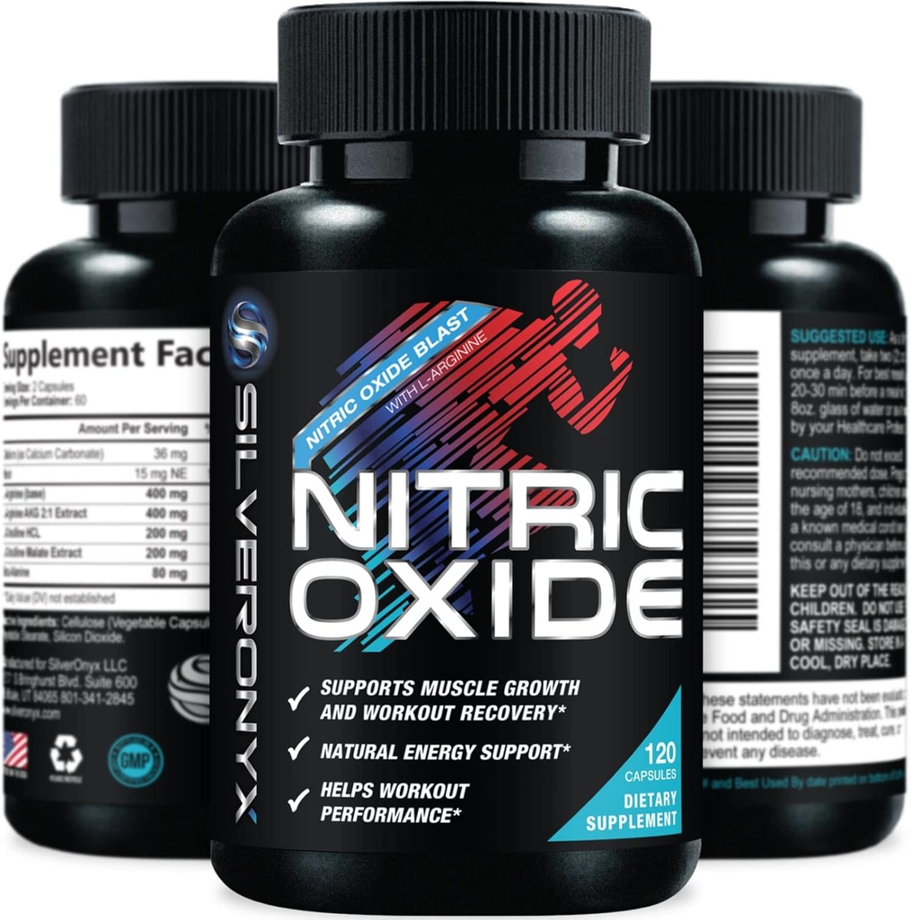 Extra Strength Nitric Oxide Suplemento 3X Strength L Arginine, Citrulline Malate, AAKG, Beta Alanine - Premium Muscle Supporting Nitric Booster - Energía natural y apoyo a la salud cardíaca - 120 cápsulas