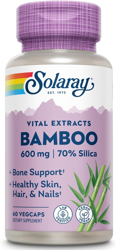 SOLARAY Bamboo Stem Extract 600mg ← Cabello sano, Esquí, uñas, huesos & tejido conectivo Soporte ← No GMO, Vegan & Lab Verified ← 60 VegCaps