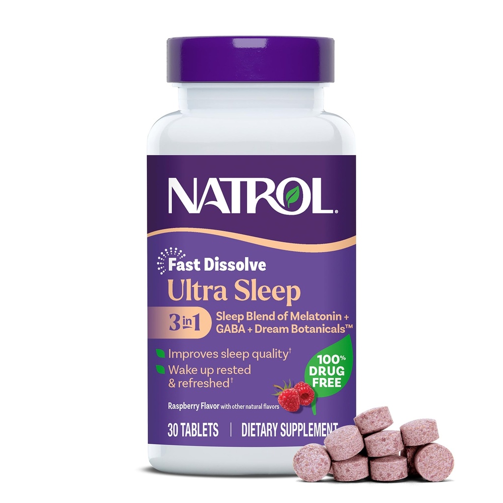 Natrol Ultra Sleep 3-in-1 100% Ayuda para el sueño libre de drogas Blend with Melatonin, GABA " Botanicals, Suplemento dietético, Formando no-ábito, 30 Tablas rápidas de consolación