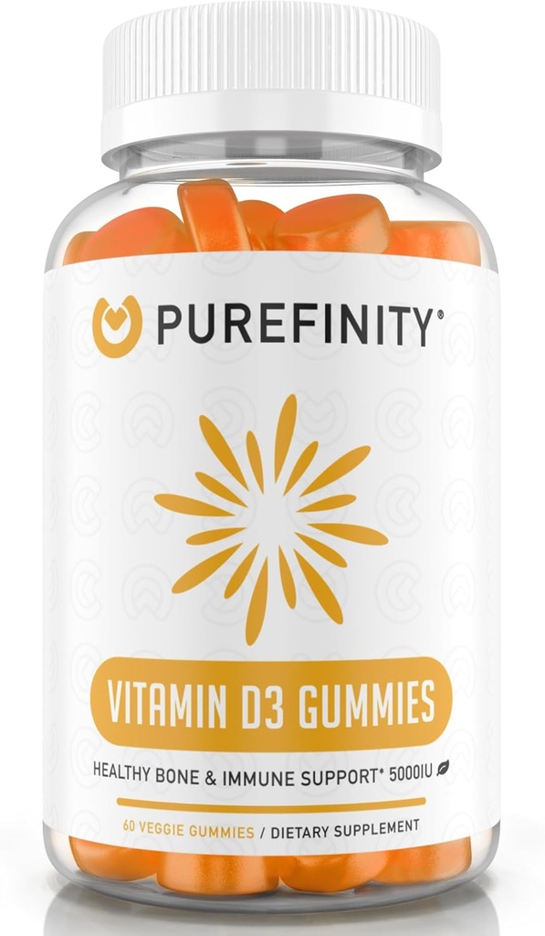 Vitamina D3 5000 iu Gummies – Su suplemento diario de vitamina D para la salud ósea, la salud inmunitaria y el apoyo muscular conjunto para adultos y niños – Gluten Free, Non-GMO – 60 Gummies vegetarianos