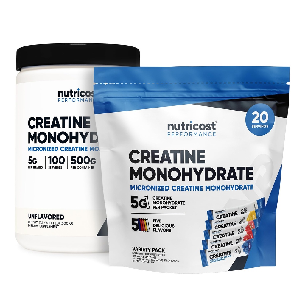 Nutricost Micronized Creatine Monohydrate 500 Grams y 20 Stickpacks (Variety) Bundle
