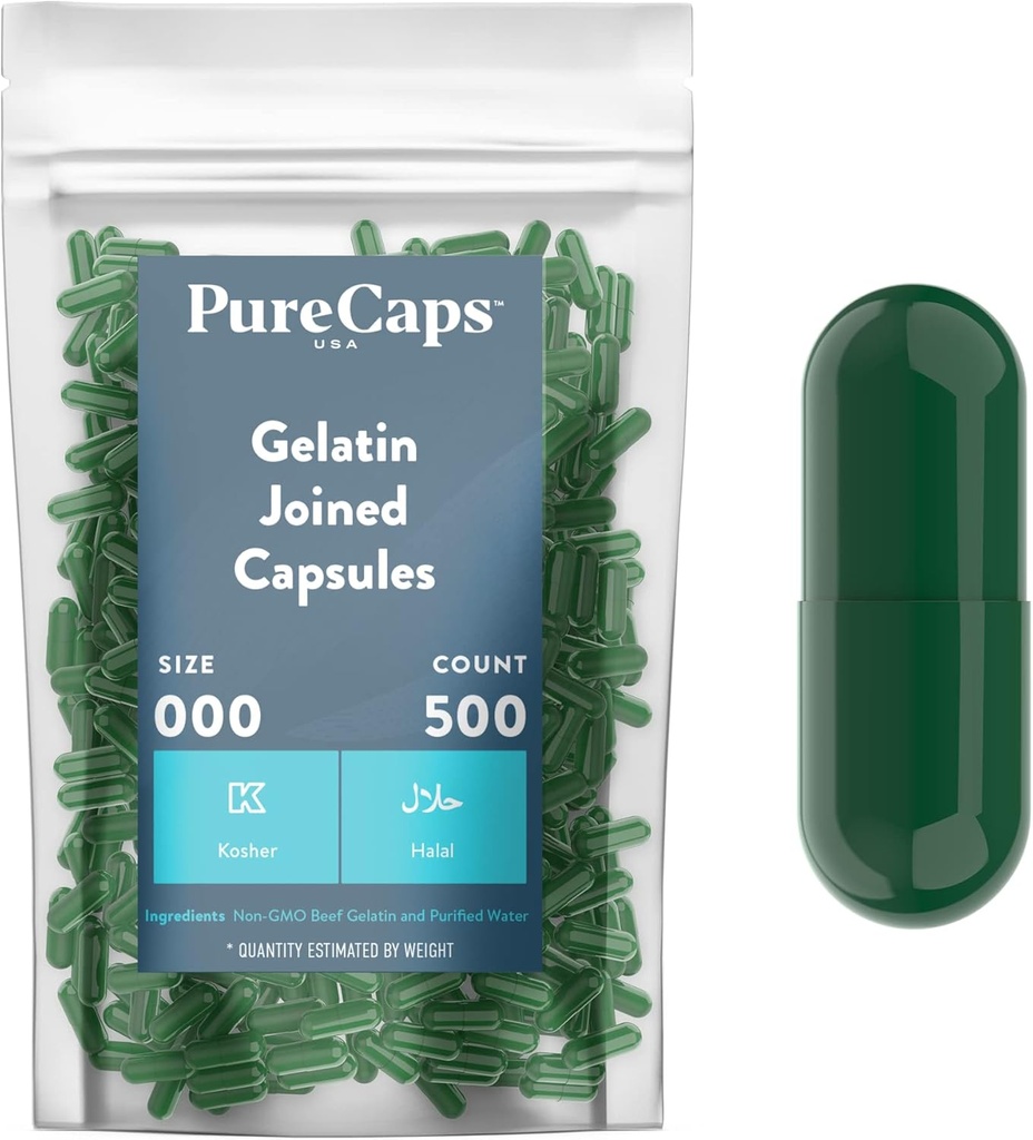 Purecaps USA - Empty Gelatin Pill Capsules Size 000 sometida 500 Únete a Pills Todd Green tolera Non-GMO Certified peru SLS, Gluten, Preservative Free