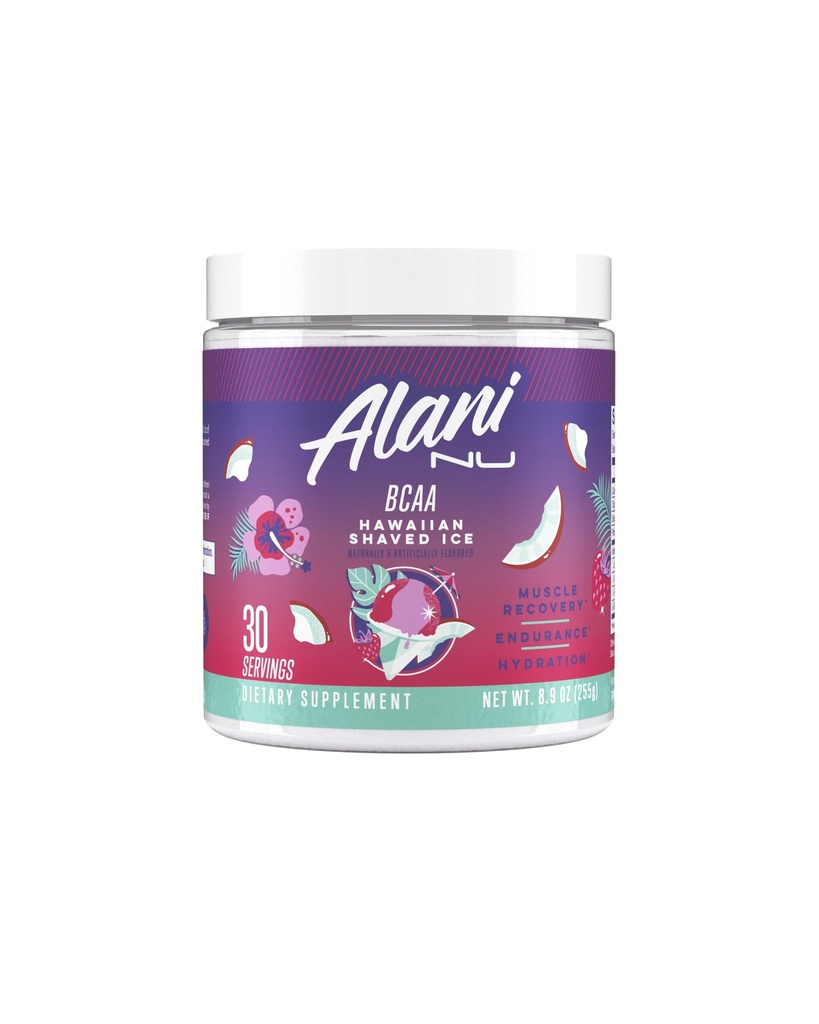 Alani Nu BCAA Hawaiian Shaved Ice ← Branch Chain Essential Amino Acids TENIDO 2:1 Fórmula TENIDO Suplemento Polvo Silencioso Recuperación de músculo Vitaminas para Post-Workout ANTE 30 Servimientos