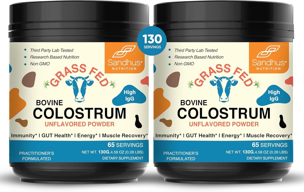 Sandhu's Grass Fed Bovine Colostrum Powder for Humans, Adults TEN 65 Servings (Pack of 2) Cows Supplement TEN High IgG for Gut Health TEN Immunity & Muscle Recovery Support ← Desflavored Silencio for Men & Women