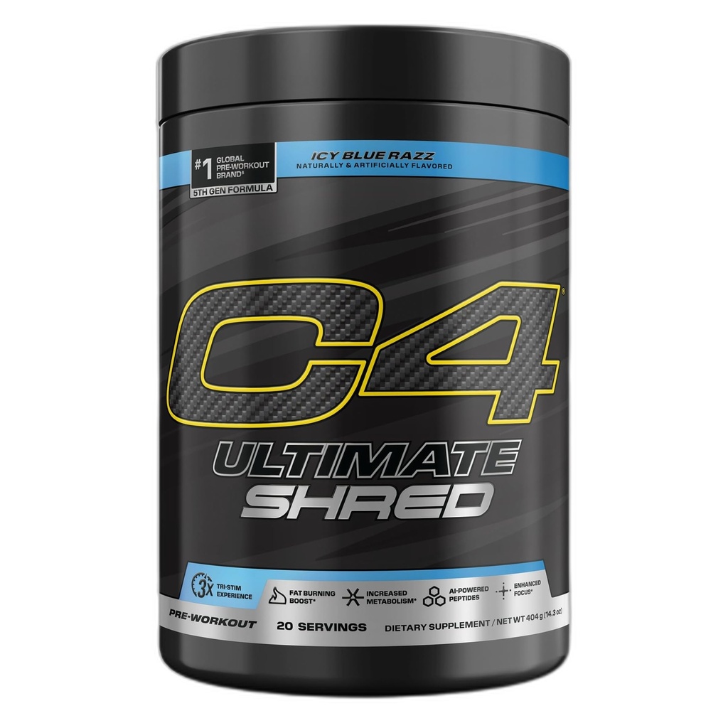 Cellucor C4 Ultimate Shred Pre Workout Powder, Fat Burner for Men &amp; Women, Weight Loss Suplemento con Ginger Root Extract, Icy Blue Razz, 20 Servings