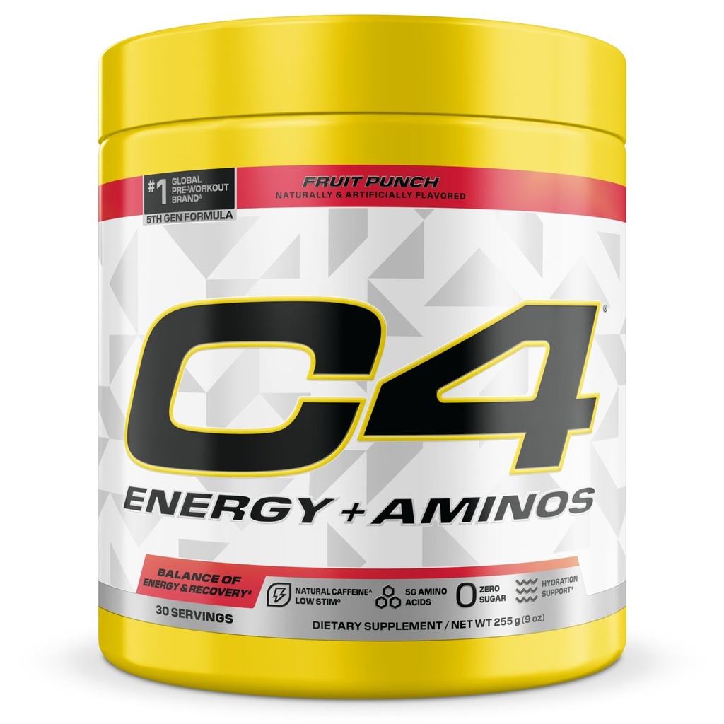 C4 Energy + Aminos Powder, 5g BCAAs " EAAs for Muscle Recovery, 3 Electrolytes for Hydration, 100mg Natural Caffeine, Pre Workout, Zero Sugar, 30 Servings, Fruit Punch