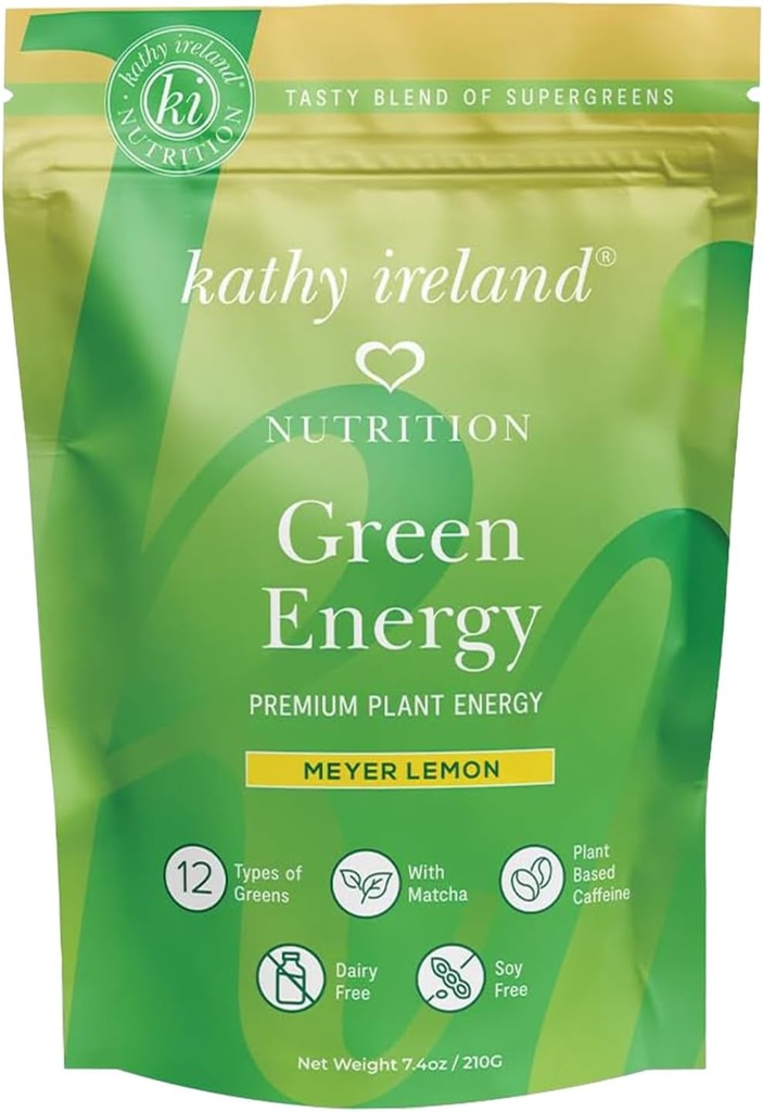 Kathy Irlanda Super Greens Energy Powder, Clean Energy Drink Mix with Matcha & Green Tea, Immune & Digestive Support Supplement, No Añadido Sugar, Meyer Lemon Flavor, 7.4 oz